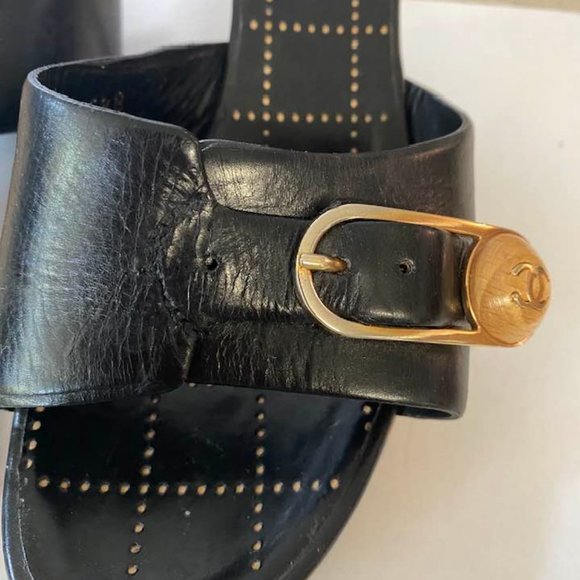 Auth. Chanel Leather Heels Sandals With Wooden Platform Size 5, 5 Made in Italy - Picture 8 of 9